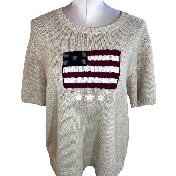 Americana American Flag Short Sleeve Knit Sweater Beige Crew Neck Grandmacore - Picture 1 of 12